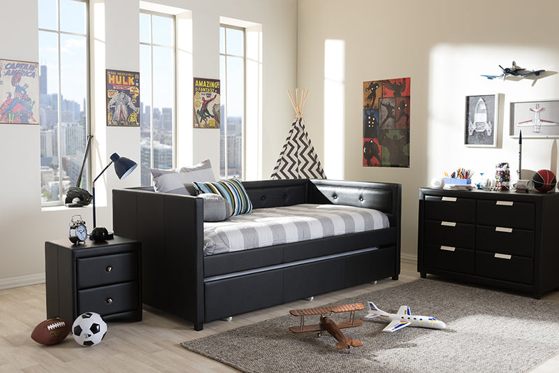 Celerina Modern and Contemporary Black Faux Leather Button-Tufting Sofa Twin Daybed w/Roll-Out Trundle Guest Bed