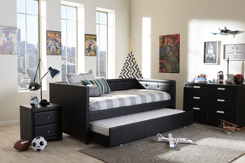 Celerina Modern and Contemporary Black Faux Leather Button-Tufting Sofa Twin Daybed w/Roll-Out Trundle Guest Bed