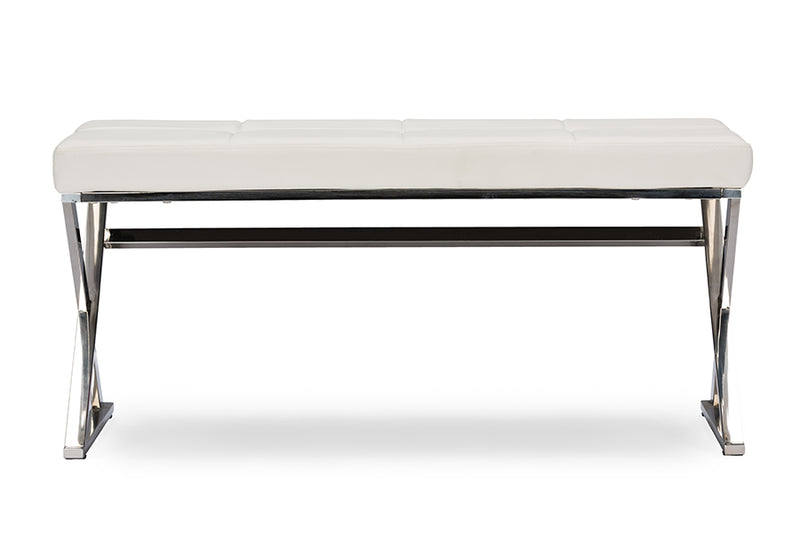 Jeanine Modern and Contemporary Stainless Steel and White Faux Leather Upholstered Rectangle Bench