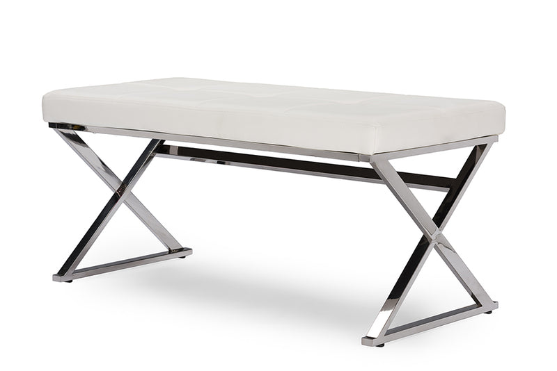 Jeanine Modern and Contemporary Stainless Steel and White Faux Leather Upholstered Rectangle Bench