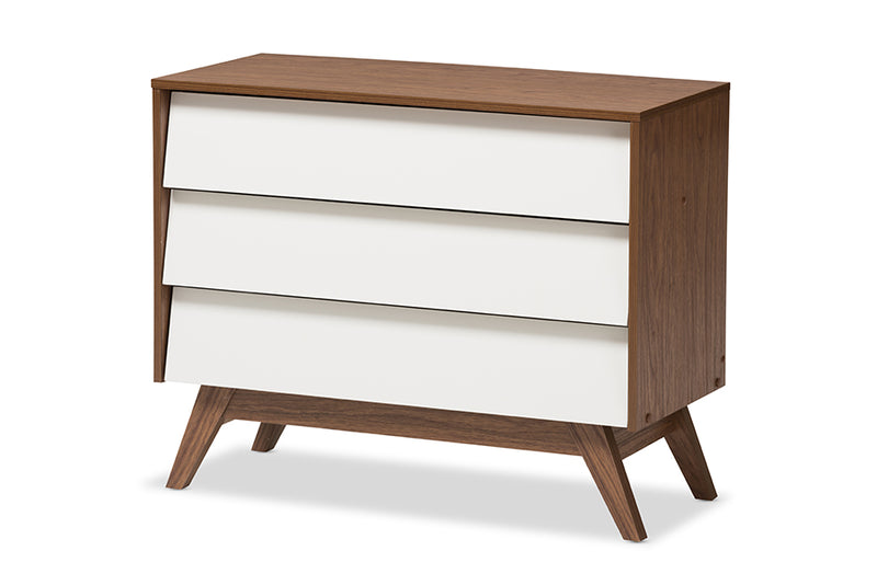 Camino Mid-Century Modern White and Walnut Wood 3-Drawer Storage Chest