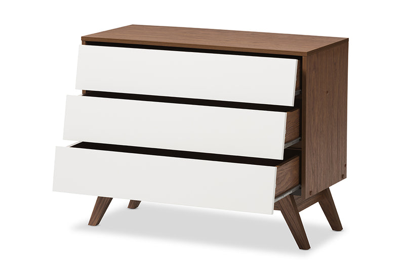 Camino Mid-Century Modern White and Walnut Wood 3-Drawer Storage Chest