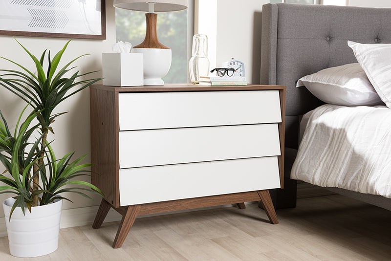 Camino Mid-Century Modern White and Walnut Wood 3-Drawer Storage Chest