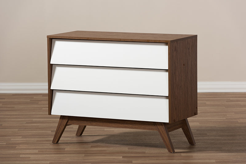 Camino Mid-Century Modern White and Walnut Wood 3-Drawer Storage Chest