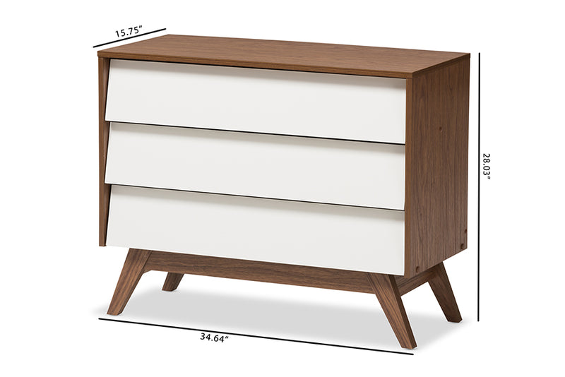 Camino Mid-Century Modern White and Walnut Wood 3-Drawer Storage Chest