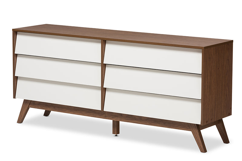 Camino Mid-Century Modern White and Walnut Wood 6-Drawer Storage Dresser