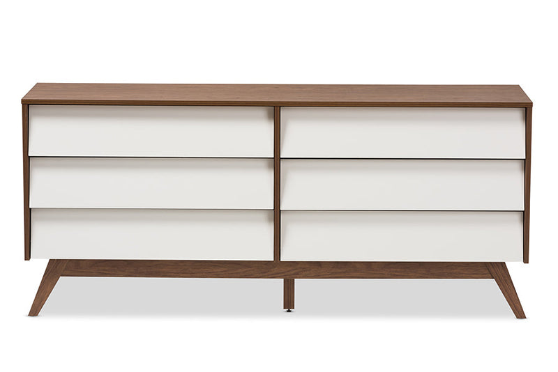 Camino White and Walnut Wood 6-Drawer Storage Dresser Baxton