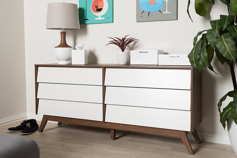 Camino Mid-Century Modern White and Walnut Wood 6-Drawer Storage Dresser 