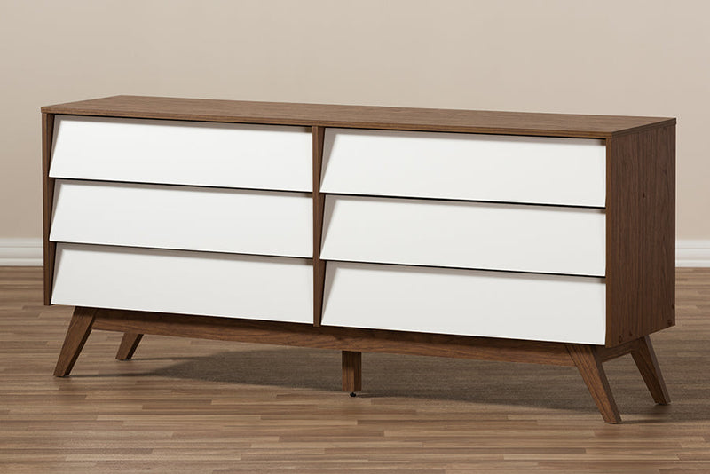 Camino White and Walnut Wood 6-Drawer Storage Dresser Baxton