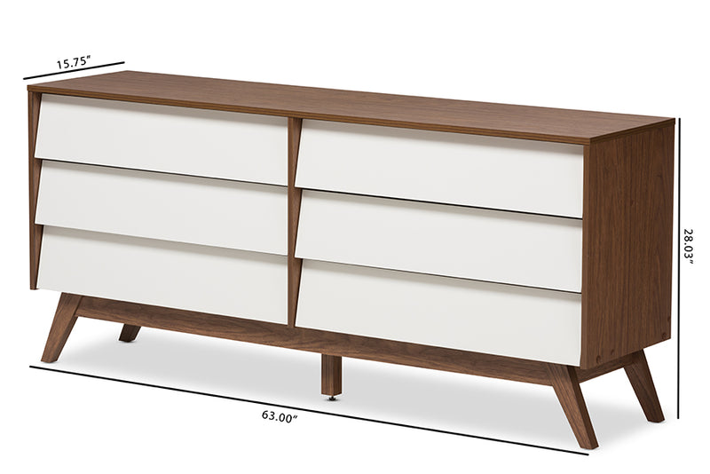 Camino Mid-Century Modern White and Walnut Wood 6-Drawer Storage Dresser