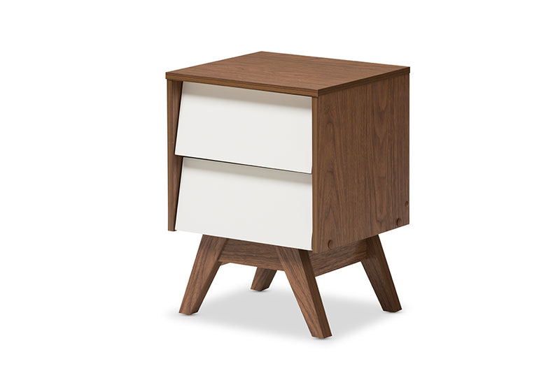 Camino Mid-Century Modern White and Walnut Wood 2-Drawer Storage Nightstand