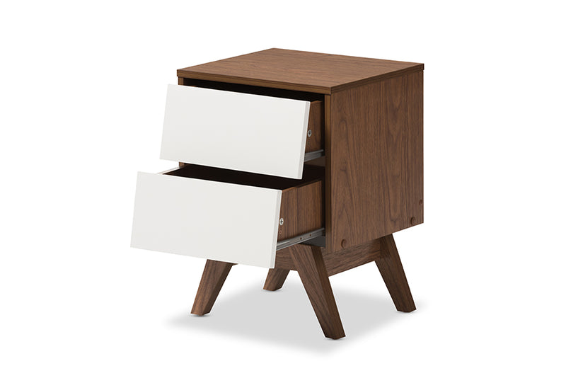 Camino Mid-Century Modern White and Walnut Wood 2-Drawer Storage Nightstand