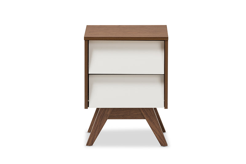 Camino Mid-Century Modern White and Walnut Wood 2-Drawer Storage Nightstand