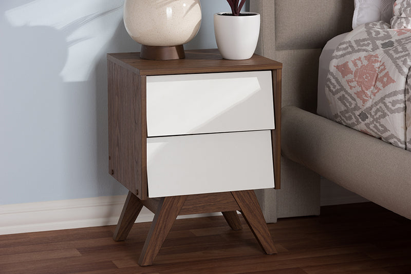 Camino Mid-Century Modern White and Walnut Wood 2-Drawer Storage Nightstand