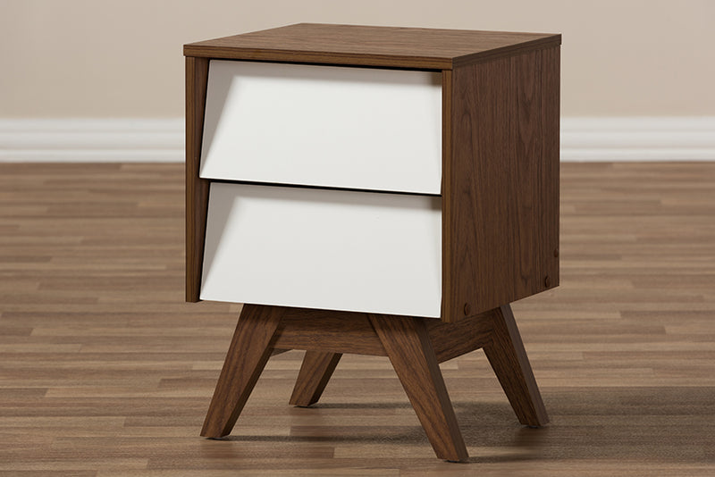 Camino Mid-Century Modern White and Walnut Wood 2-Drawer Storage Nightstand