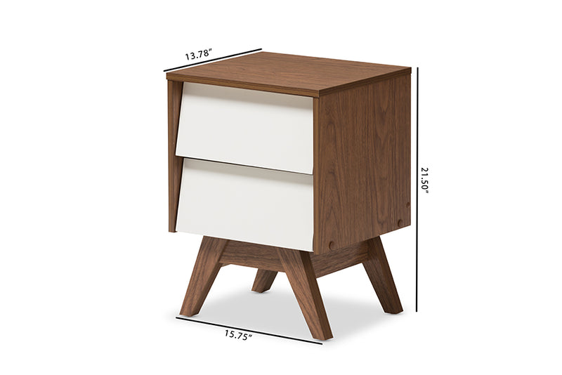 Camino Mid-Century Modern White and Walnut Wood 2-Drawer Storage Nightstand