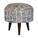 Round Footstool with News Print Velvet