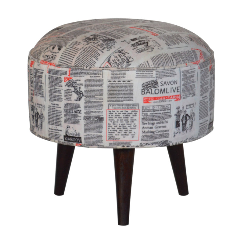 Round Footstool with News Print Velvet