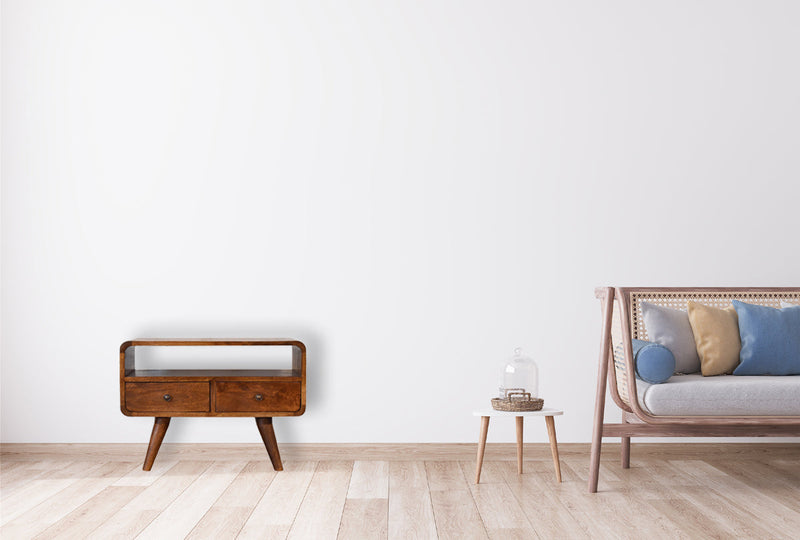 Mini Chestnut Curved Media Unit with 2 Drawers Artisan
