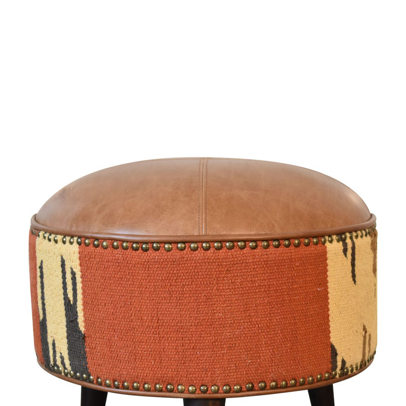 Durrie & Leather Mixed Footstool Artisan