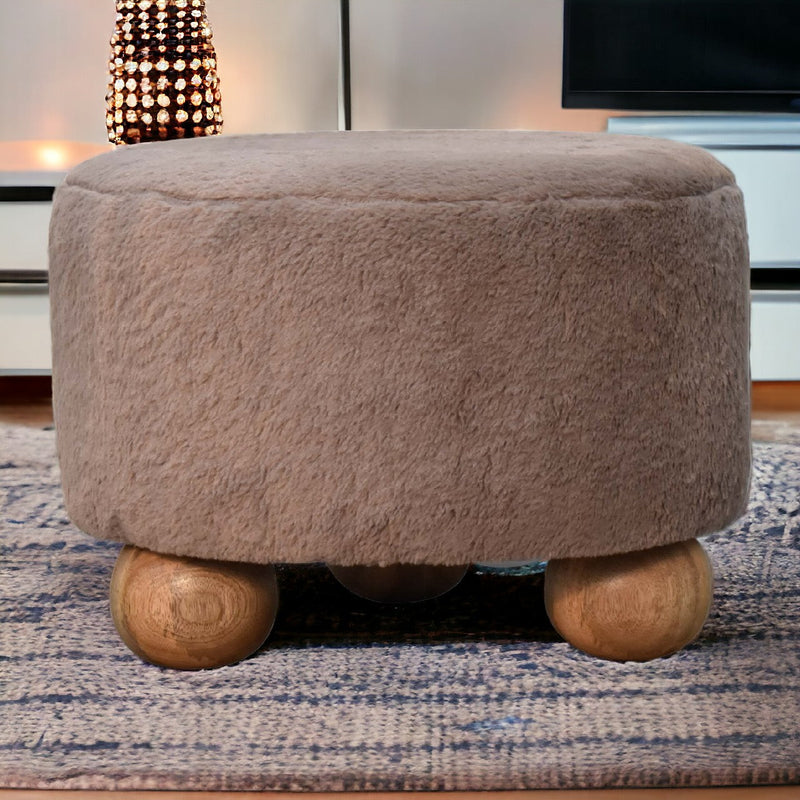 Mocha Faux Fur Round Ball Footstool Artisan