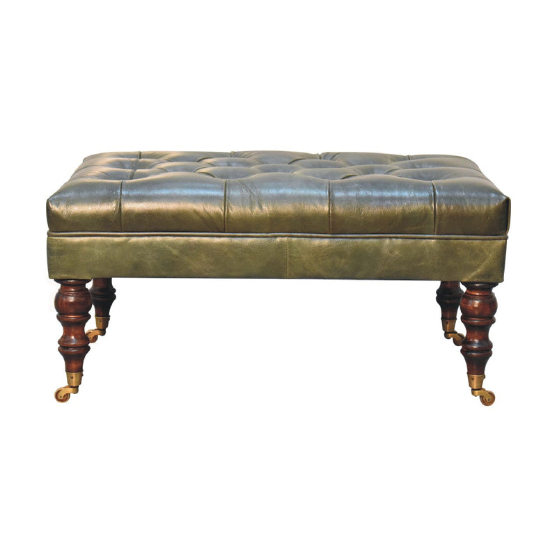 Buffalo Green Leather Ottoman with Castor Legs Artisan