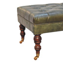 Buffalo Green Leather Ottoman with Castor Legs Artisan