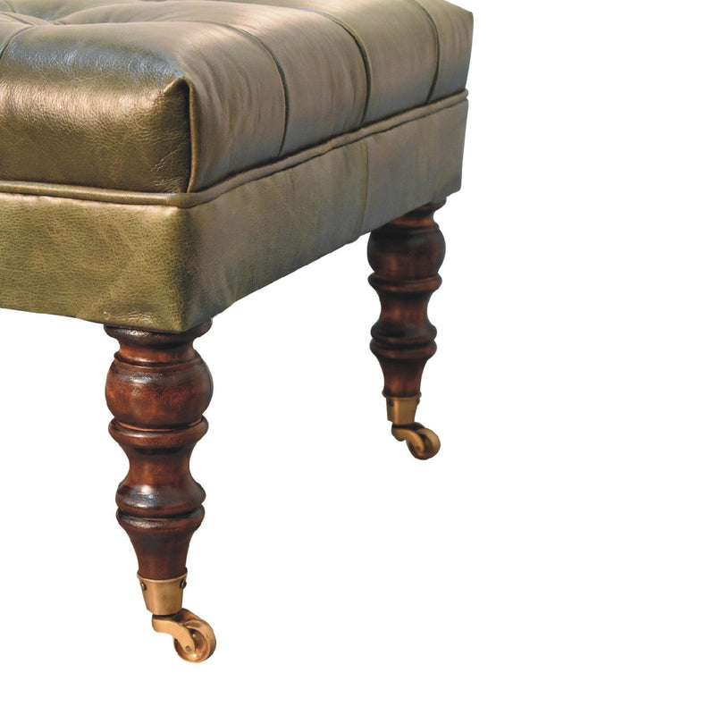 Buffalo Green Leather Ottoman with Castor Legs Artisan