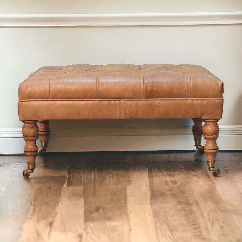 Buffalo Tan Leather Ottoman with Castor Legs Artisan