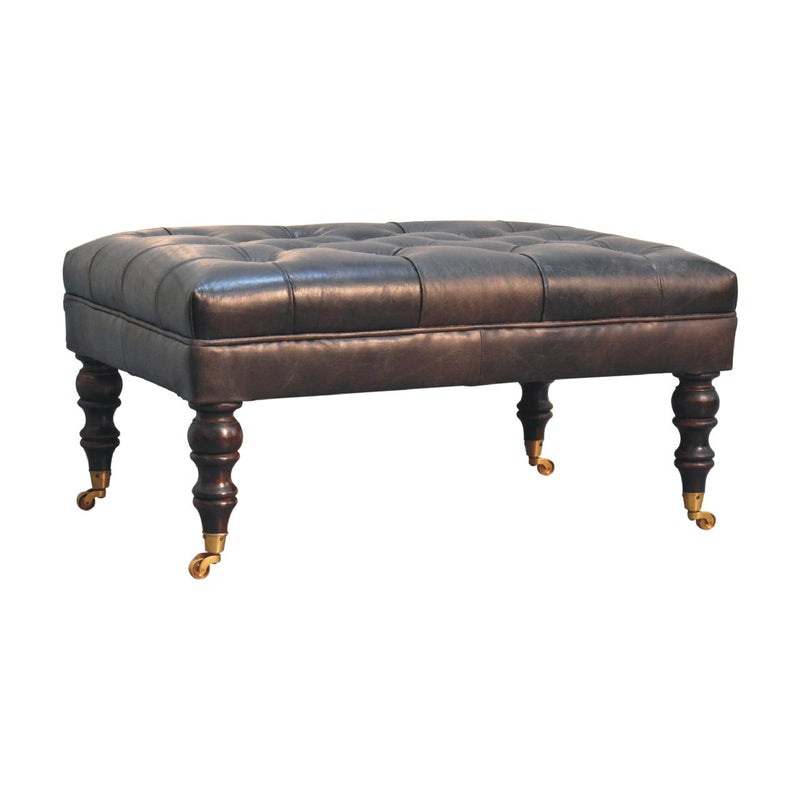 Buffalo Ash Black Leather Ottoman with Castor Legs Artisan