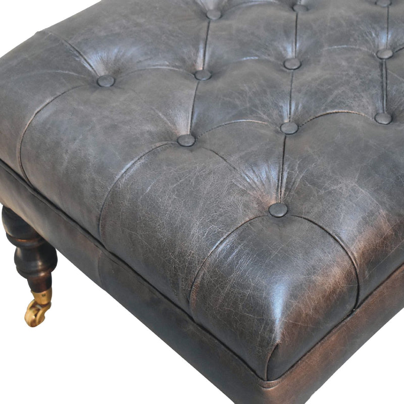 Buffalo Ash Black Leather Ottoman with Castor Legs Artisan