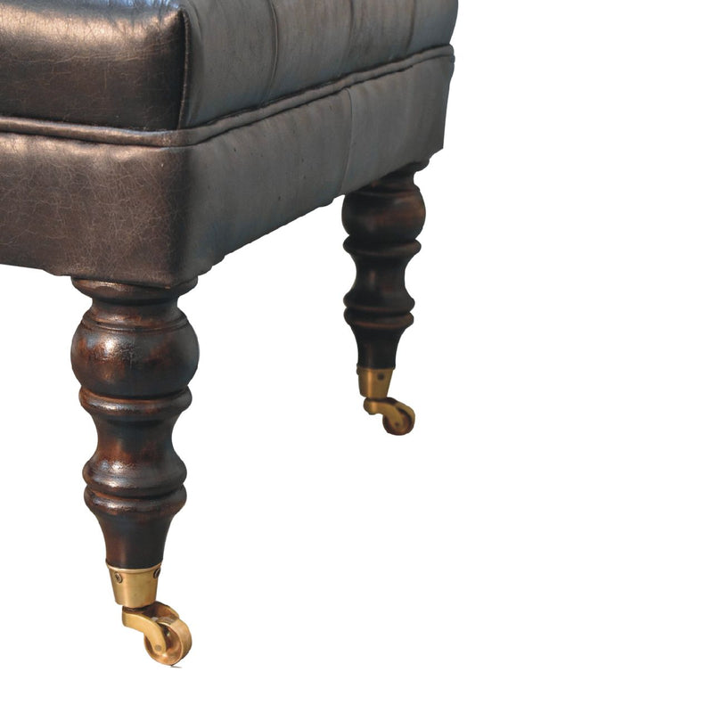 Buffalo Ash Black Leather Ottoman with Castor Legs Artisan