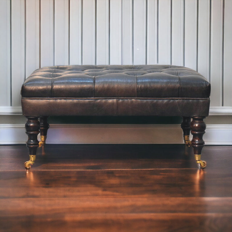 Buffalo Ash Black Leather Ottoman with Castor Legs Artisan