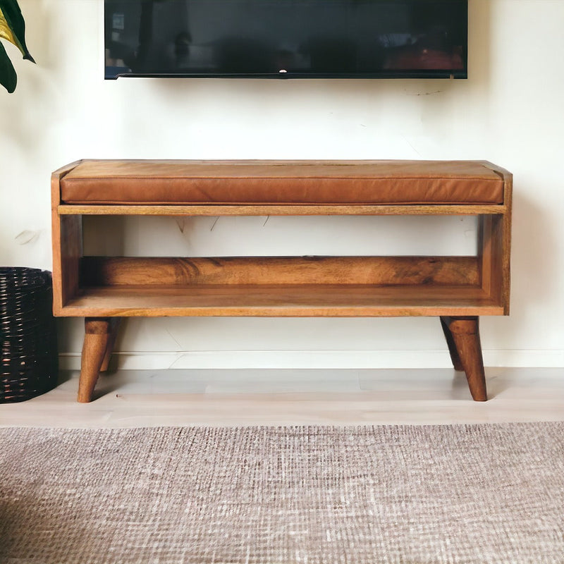 Oak-ish Bench with Tan Leather Seatpad Artisan