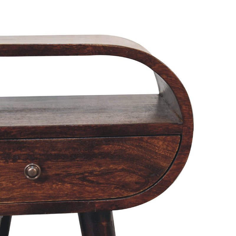 Light Walnut Circular nightstand with Open Slot Artisan