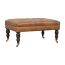 California Walnut Buffalo Brown Leather Ottoman with Castor Legs Artisan