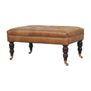California Walnut Buffalo Brown Leather Ottoman with Castor Legs Artisan