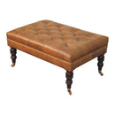 California Walnut Buffalo Brown Leather Ottoman with Castor Legs Artisan
