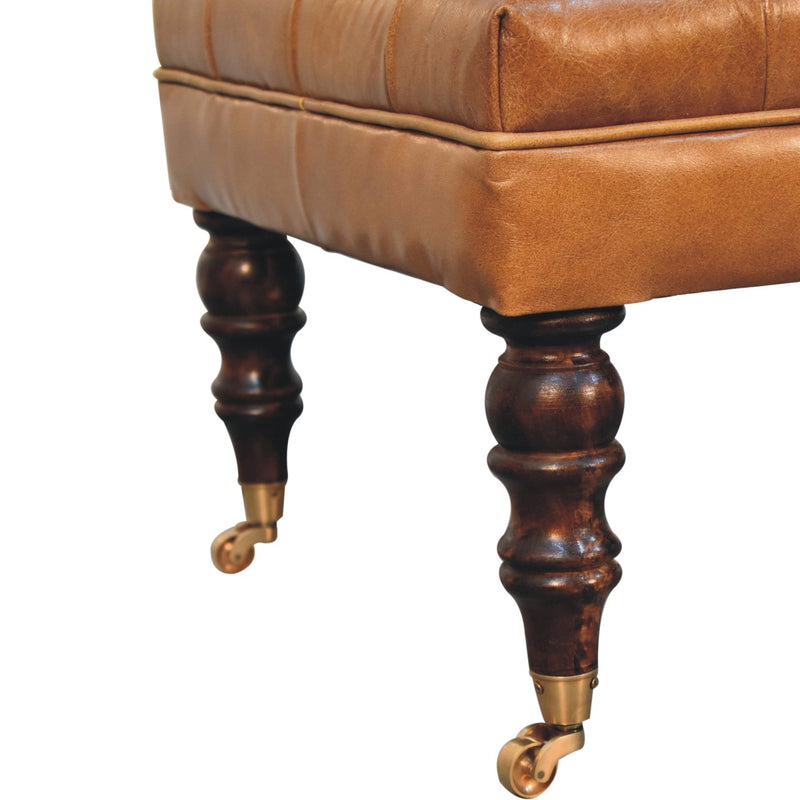 California Walnut Buffalo Brown Leather Ottoman with Castor Legs Artisan