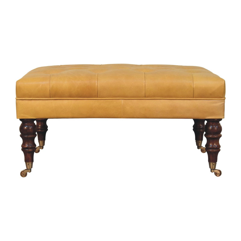 Honey Caramel Buffalo Tan Leather Ottoman with Castor Legs Artisan