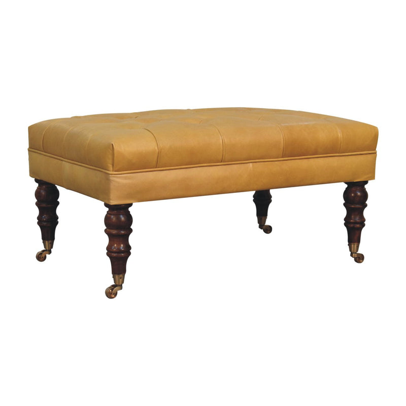 Honey Caramel Buffalo Tan Leather Ottoman with Castor Legs Artisan