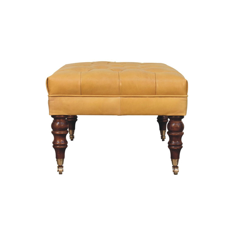 Honey Caramel Buffalo Tan Leather Ottoman with Castor Legs Artisan