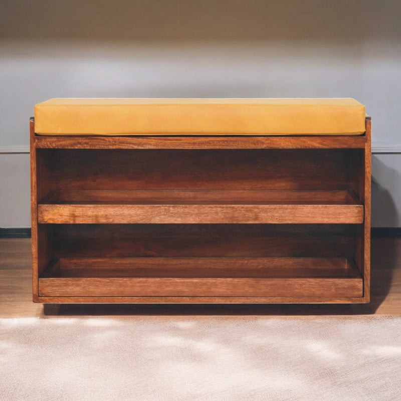 Buffalo Hide Pull out Honey Caramel Shoe Storage Bench Artisan