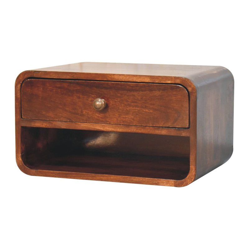 Curved California Walnut Wall Mounted Bedside Nightstand with Open Slot Artisan