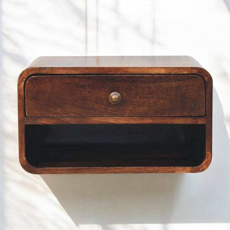 Curved California Walnut Wall Mounted Bedside Nightstand with Open Slot Artisan