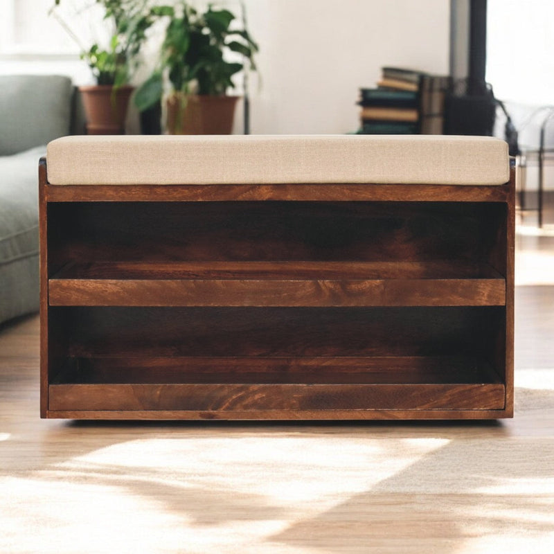 California Walnut & Mud Linen Pull out Shoe Bench Artisan