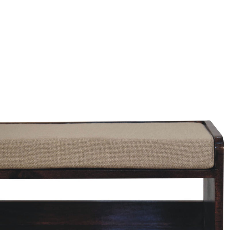 California Walnut bench with mud linen seat pad Artisan