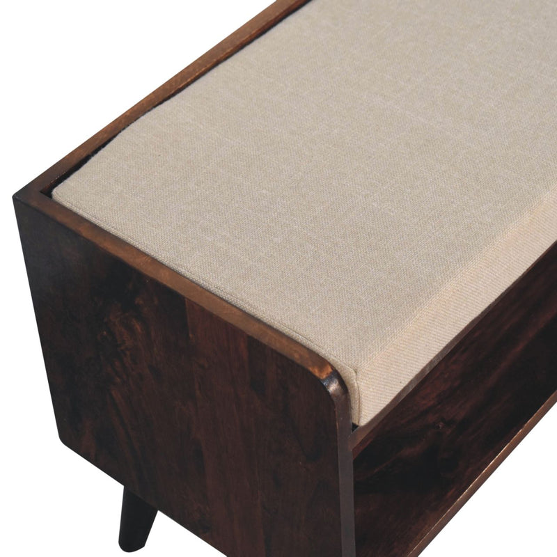 California Walnut bench with mud linen seat pad Artisan