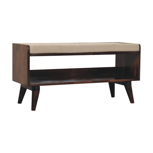 California Walnut bench with mud linen seat pad Artisan