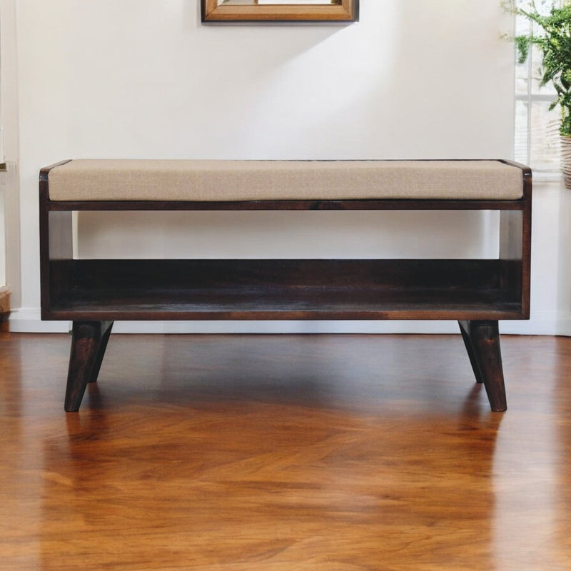 California Walnut bench with mud linen seat pad Artisan